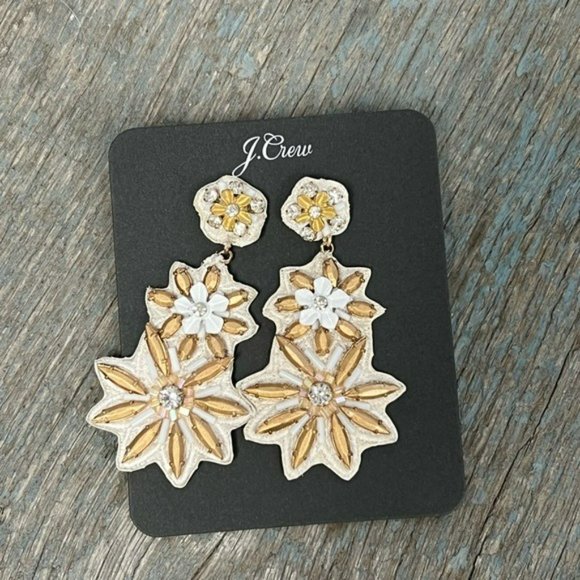 J CREW Floral Golden Blossom Statement Earrings Ivory & Gold NEW NWT - Picture 2 of 4